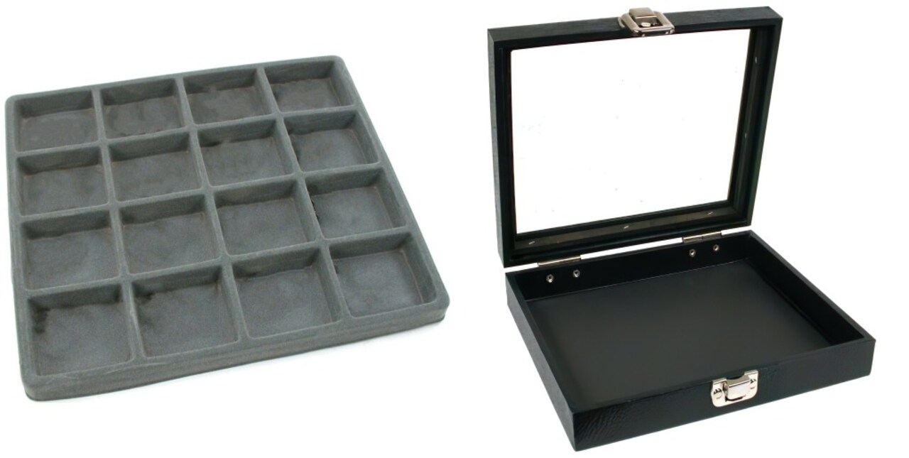 Black Sqaure Glass-top Case (Single Metal Latch) w/ Gray 16-slot Plastic Tray